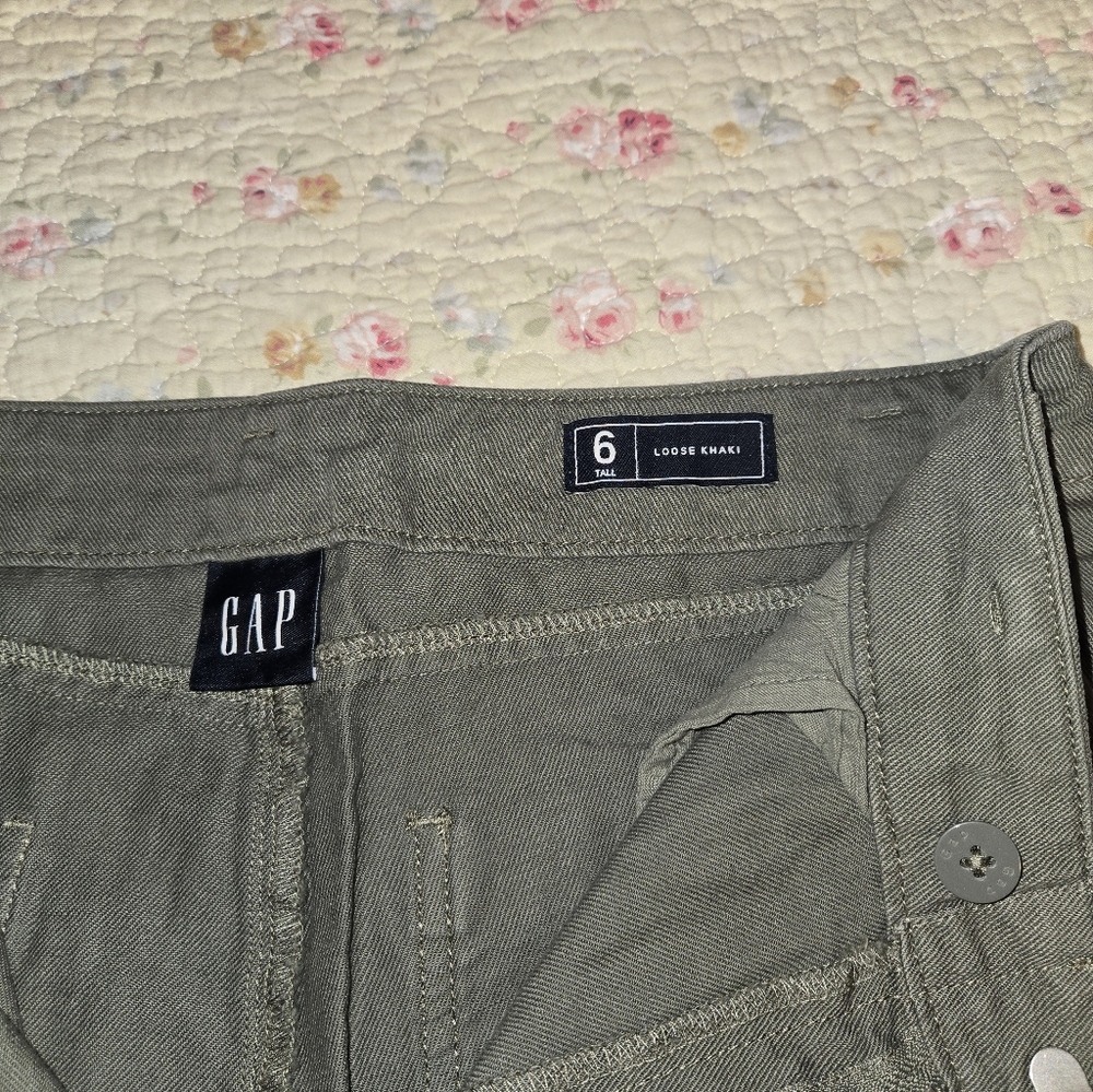 Gap Loose Khaki Pants Women's 6 Tall Olive Green High Rise Straight Leg Pants - Picture 4 of 10